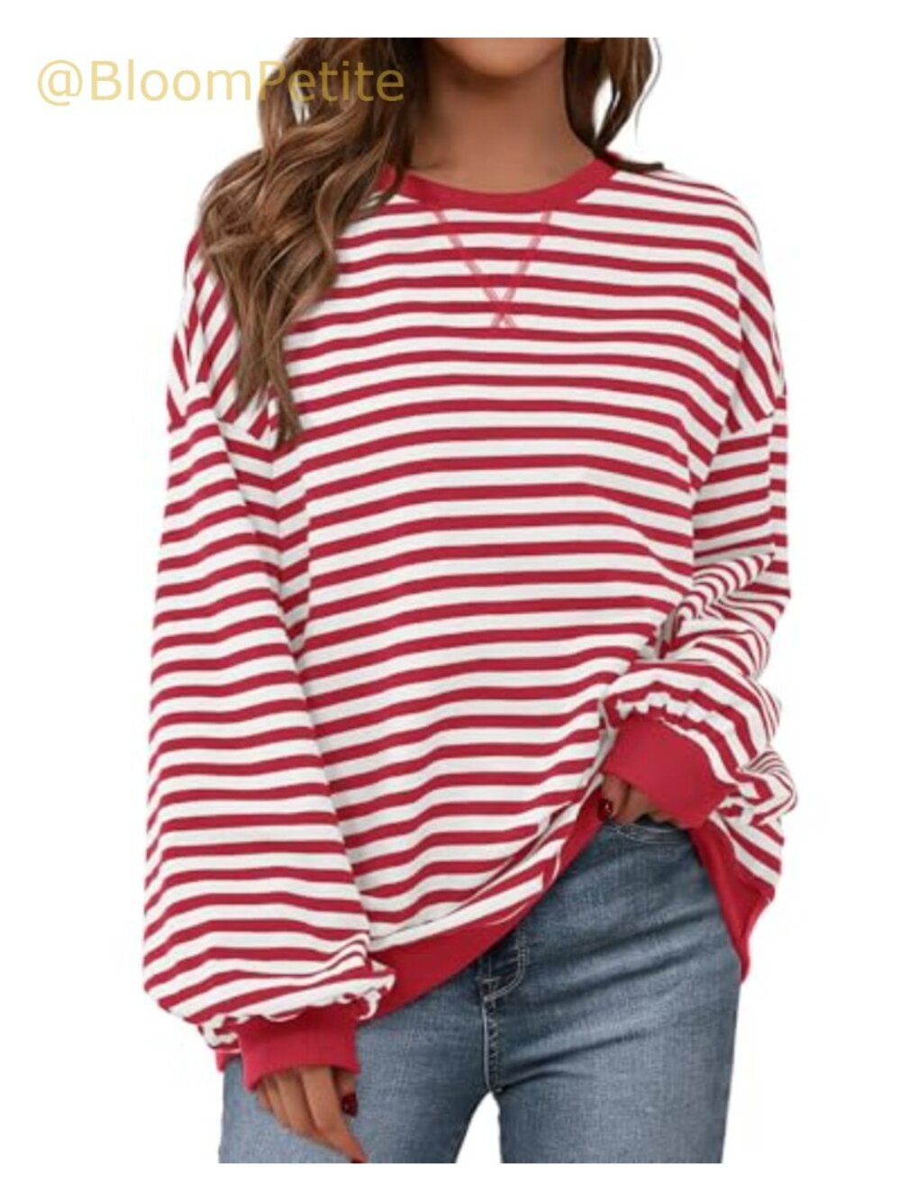 Oversized Striped Crewneck Pullover Sweatshirt Lantern Sleeve Loose Fit